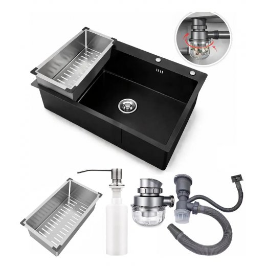  Pileta Cocina Cuadrada Acero 304 Sobreponer 70cm NEGRO
